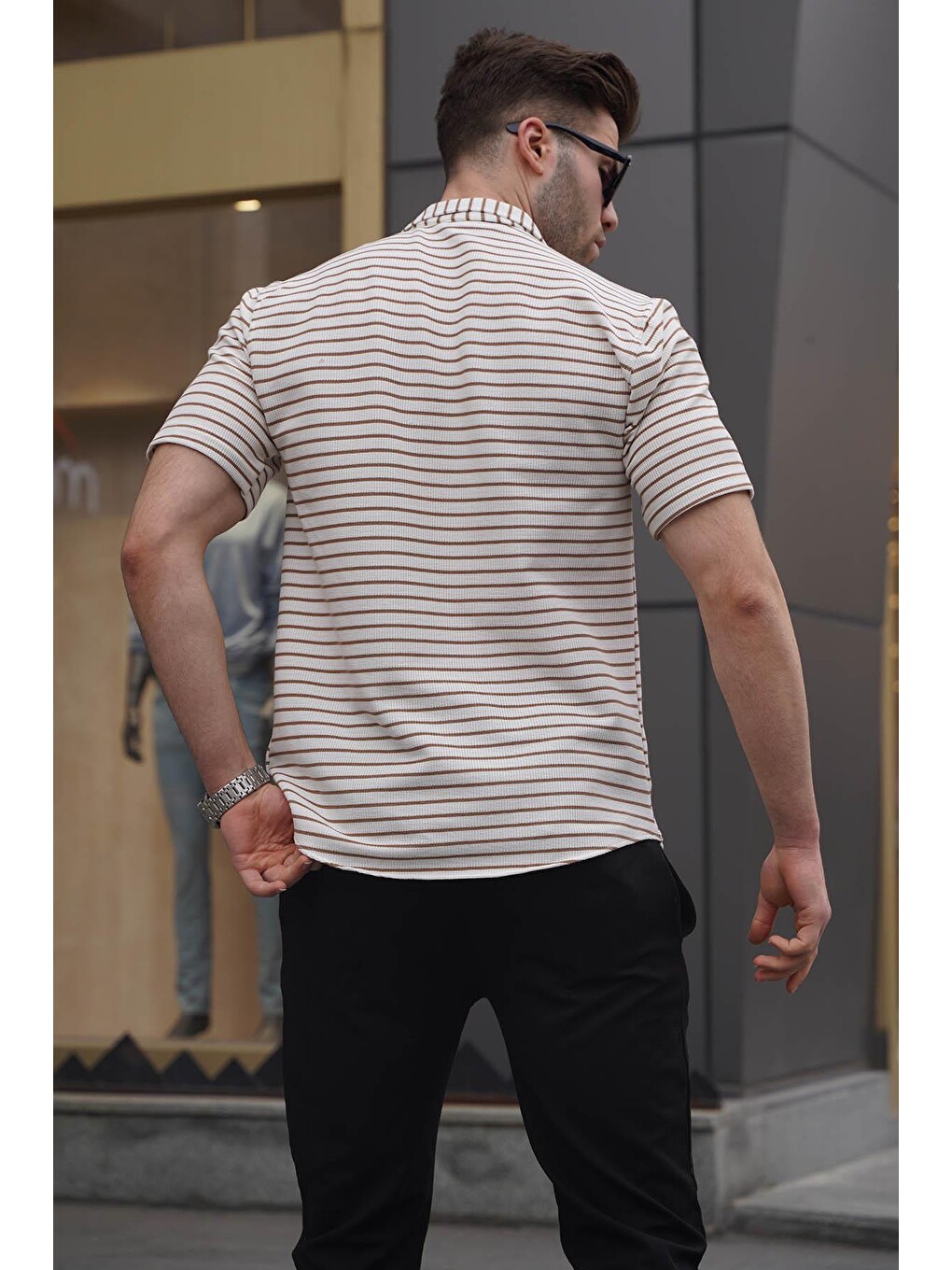 Ekru Çizgili Slim Fit Erkek Kısa Kol Gömlek 5591-1