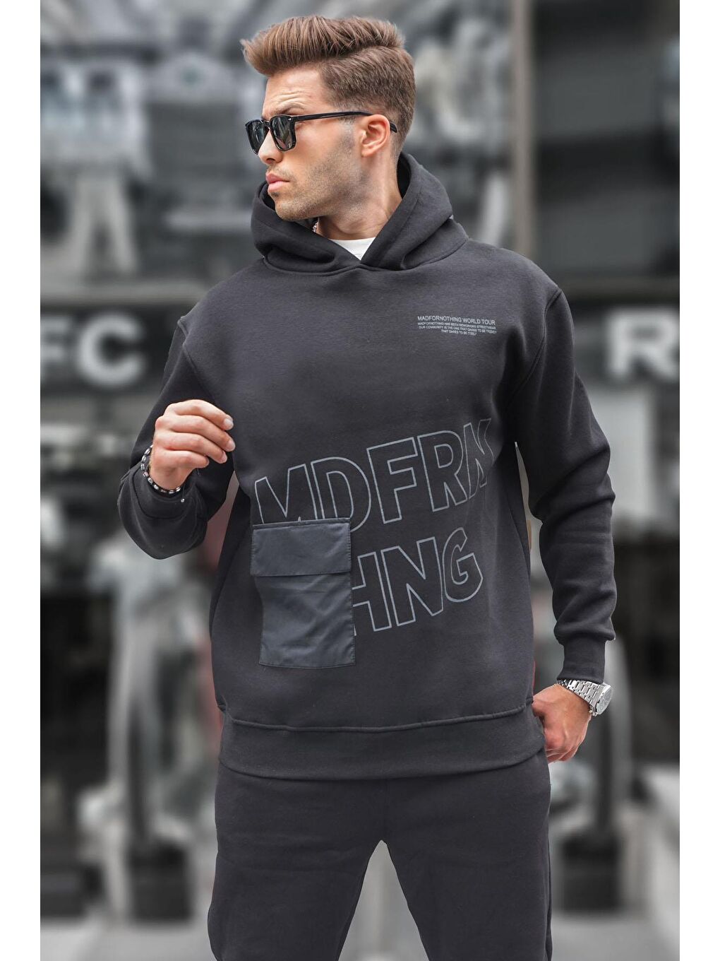 Madmext Siyah Baskılı Kapüşonlu Sweatshirt 6148