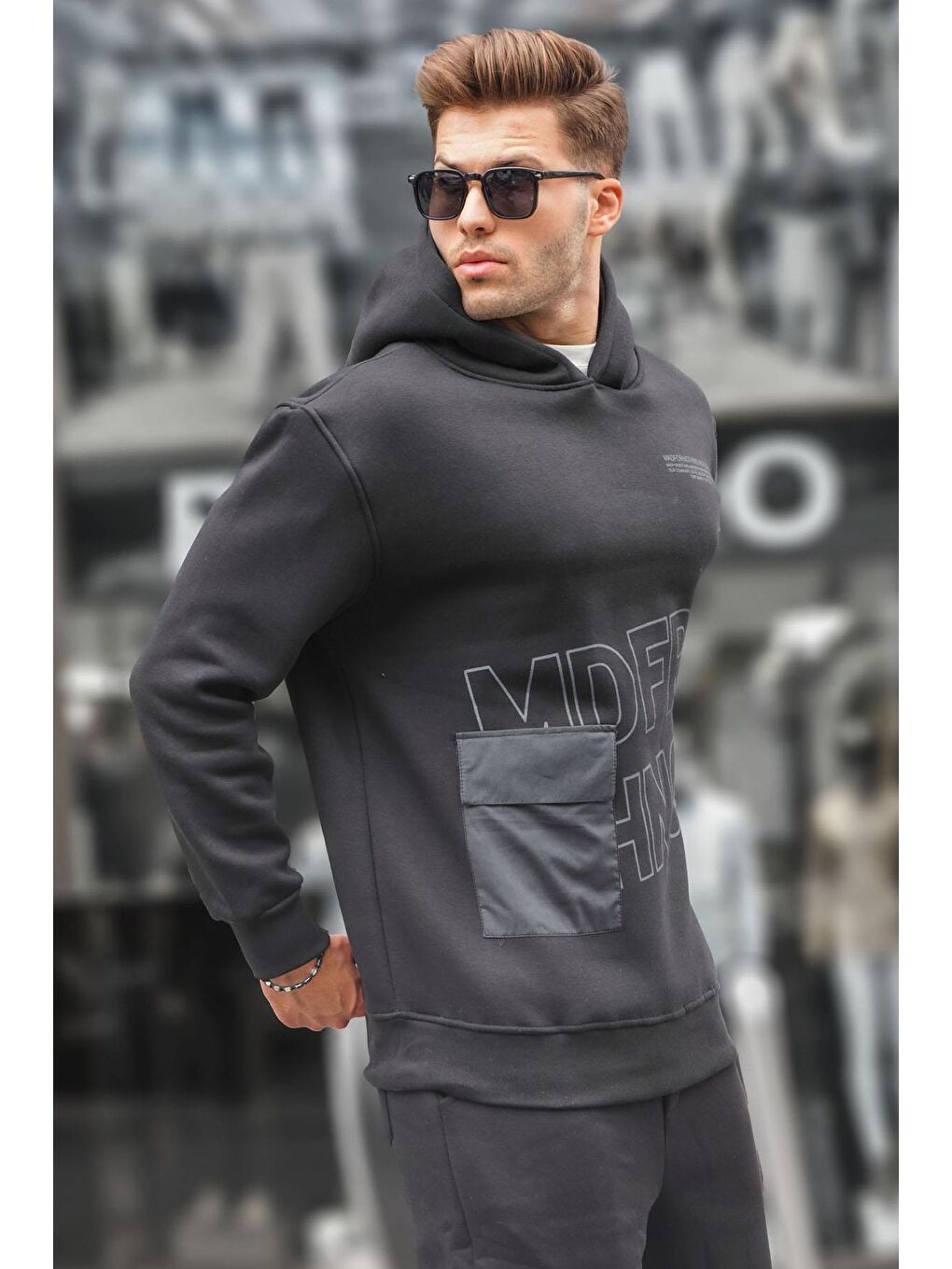 Madmext Siyah Baskılı Kapüşonlu Sweatshirt 6148 - 1