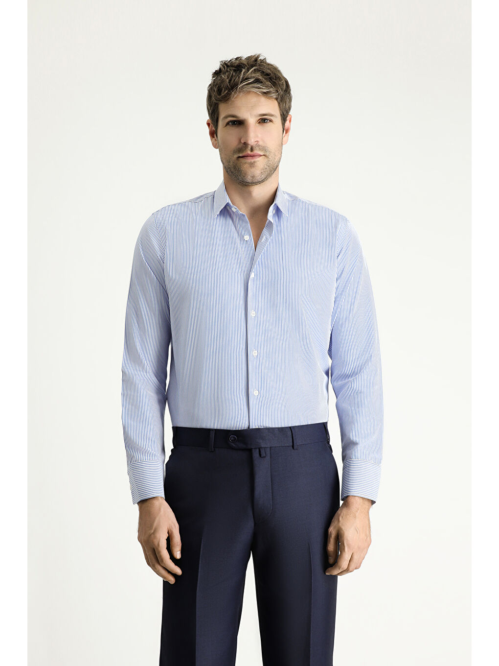 Mavi Uzun Kol Slim Fit Dar Kesim Çizgili Pamuklu Kolay Ütülenebilir Gömlek-2