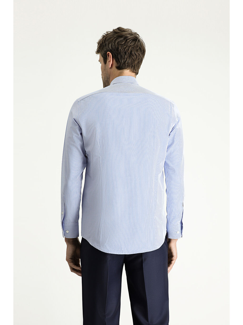 Mavi Uzun Kol Slim Fit Dar Kesim Çizgili Pamuklu Kolay Ütülenebilir Gömlek-4