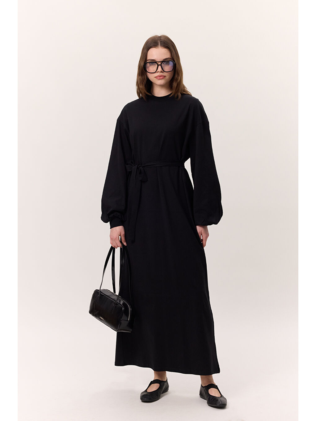 Balon Kollu Uzun Rahat Elbise Siyah