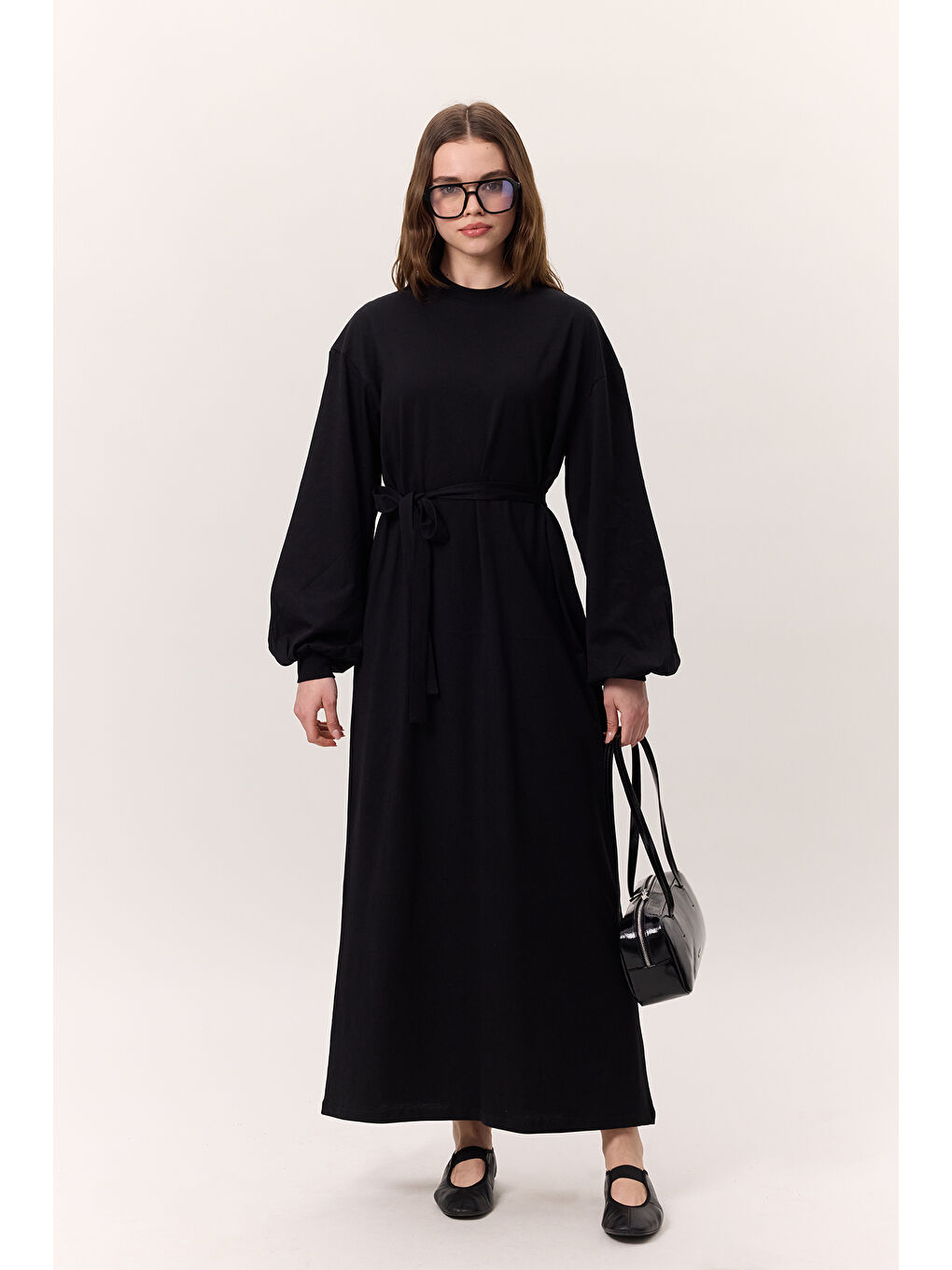 Balon Kollu Uzun Rahat Elbise Siyah-1