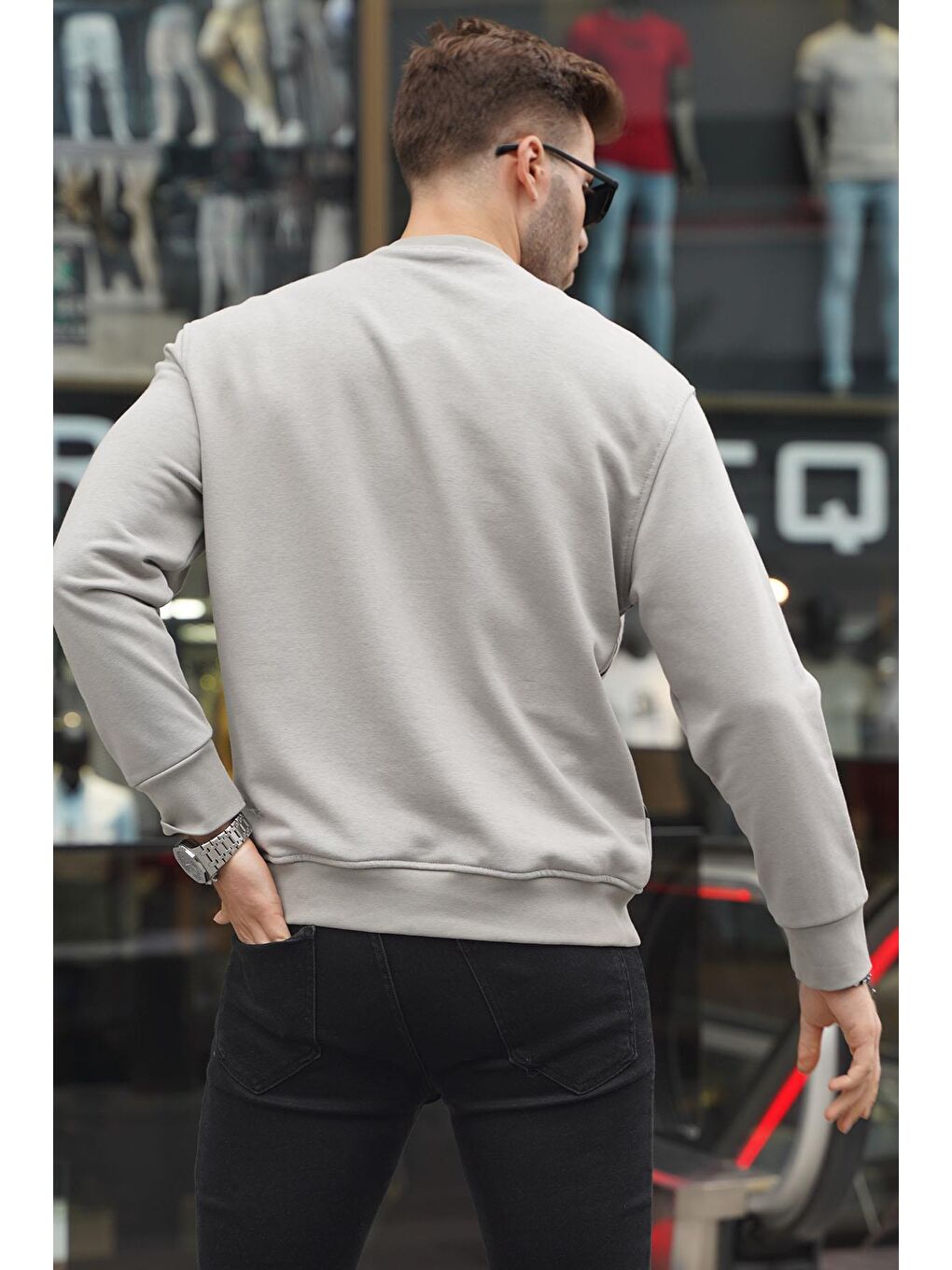 Madmext Gri Baskılı Boyalı Gri Baskılı Bisiklet Yaka Sweatshirt 6156 - 1