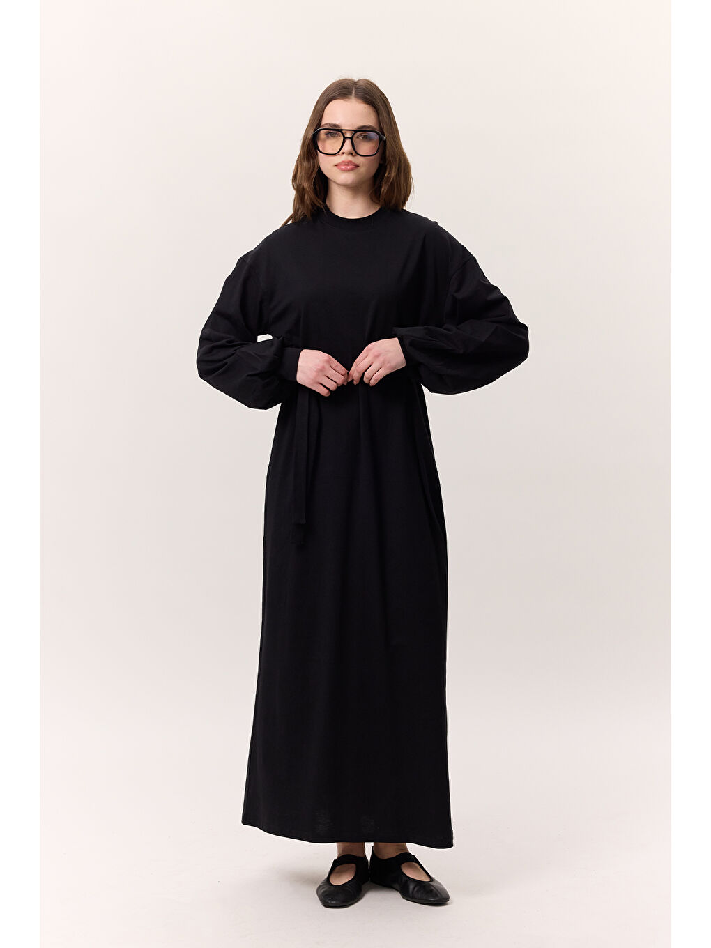 Balon Kollu Uzun Rahat Elbise Siyah-2