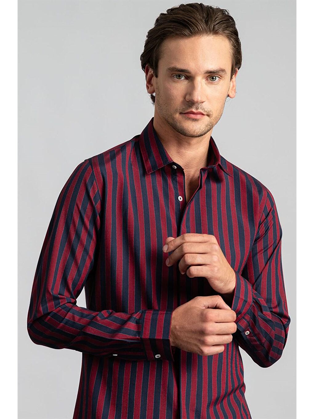 Slim Fit Pamuklu Kolay Ütü Çizgili Erkek Bordo Gömlek