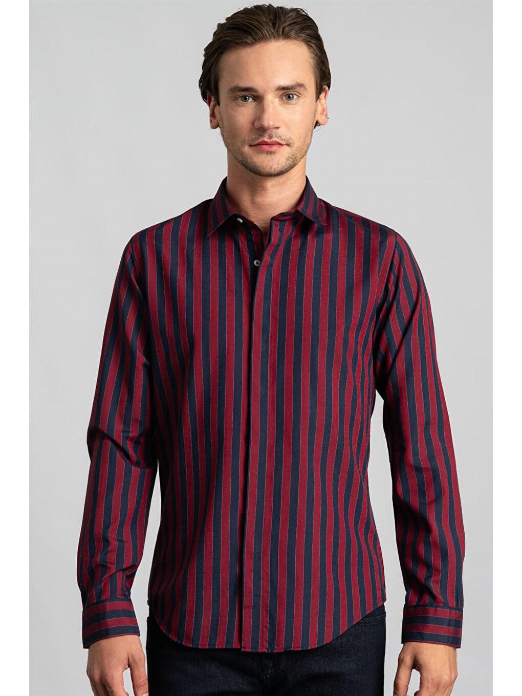 Slim Fit Pamuklu Kolay Ütü Çizgili Erkek Bordo Gömlek-1