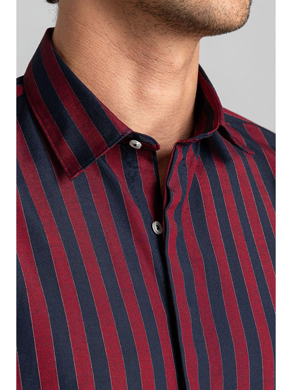 Slim Fit Pamuklu Kolay Ütü Çizgili Erkek Bordo Gömlek-2