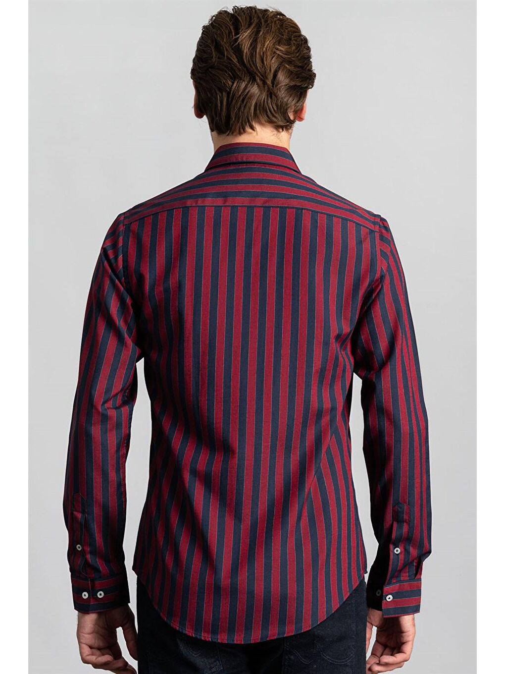 Slim Fit Pamuklu Kolay Ütü Çizgili Erkek Bordo Gömlek-3