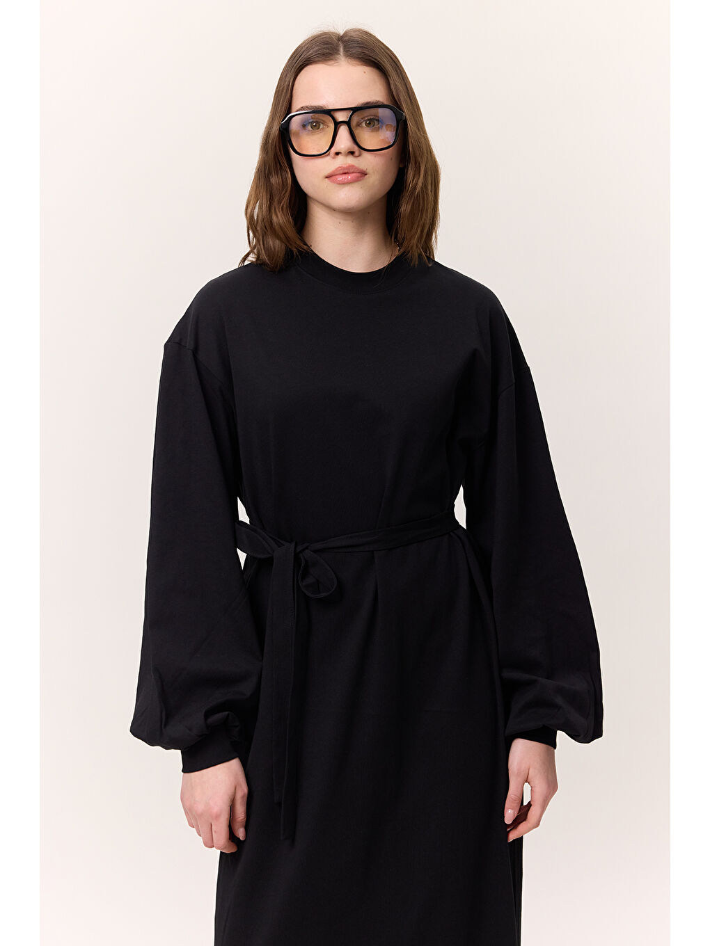 Balon Kollu Uzun Rahat Elbise Siyah-3