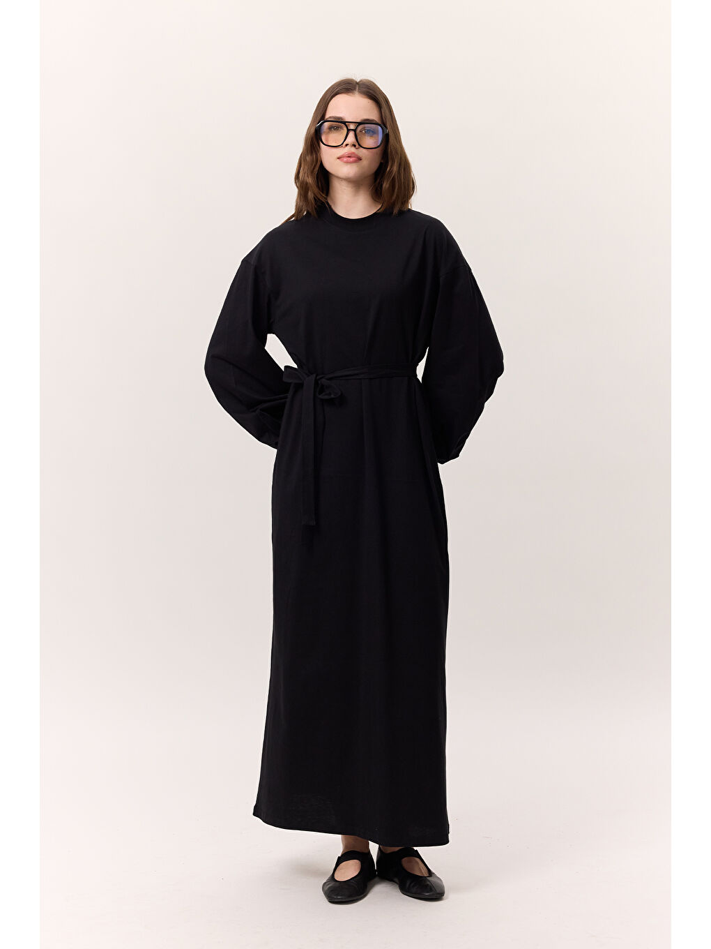 Balon Kollu Uzun Rahat Elbise Siyah-4