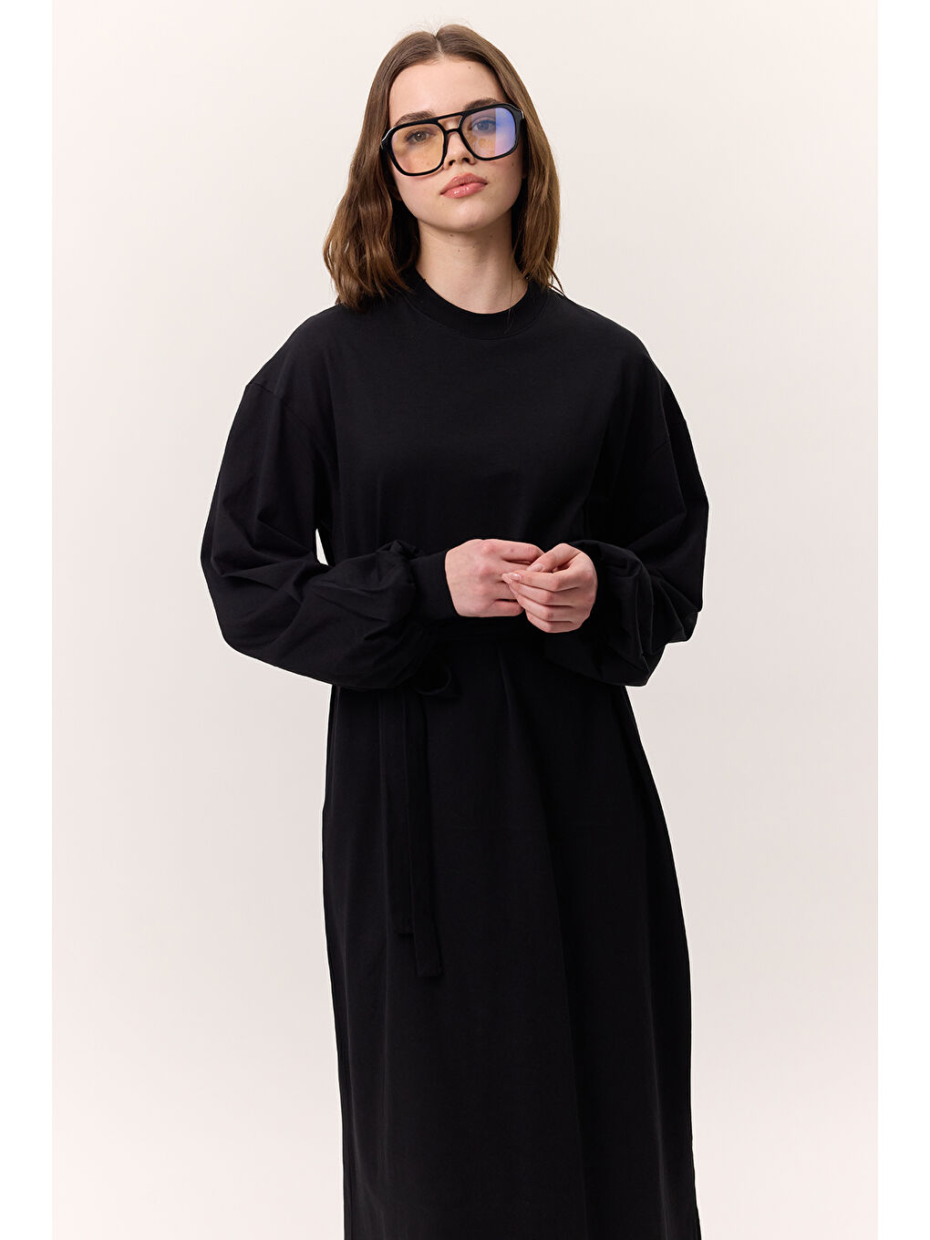 Balon Kollu Uzun Rahat Elbise Siyah-5