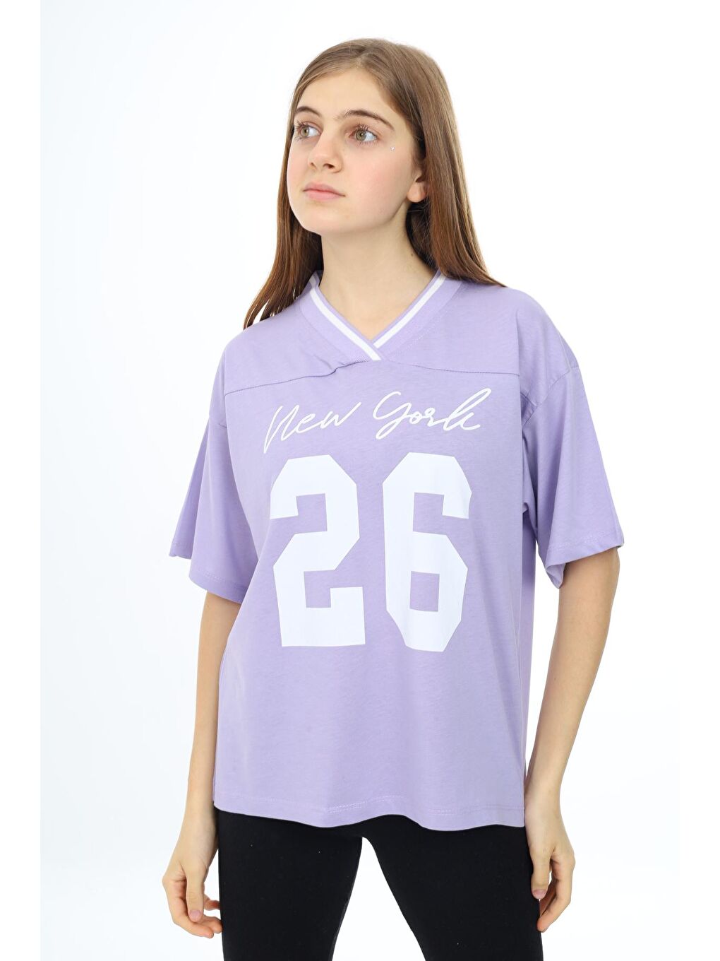 Lila Kız Çocuk V Yaka T-Shirt 9-14 Yaş Lx021