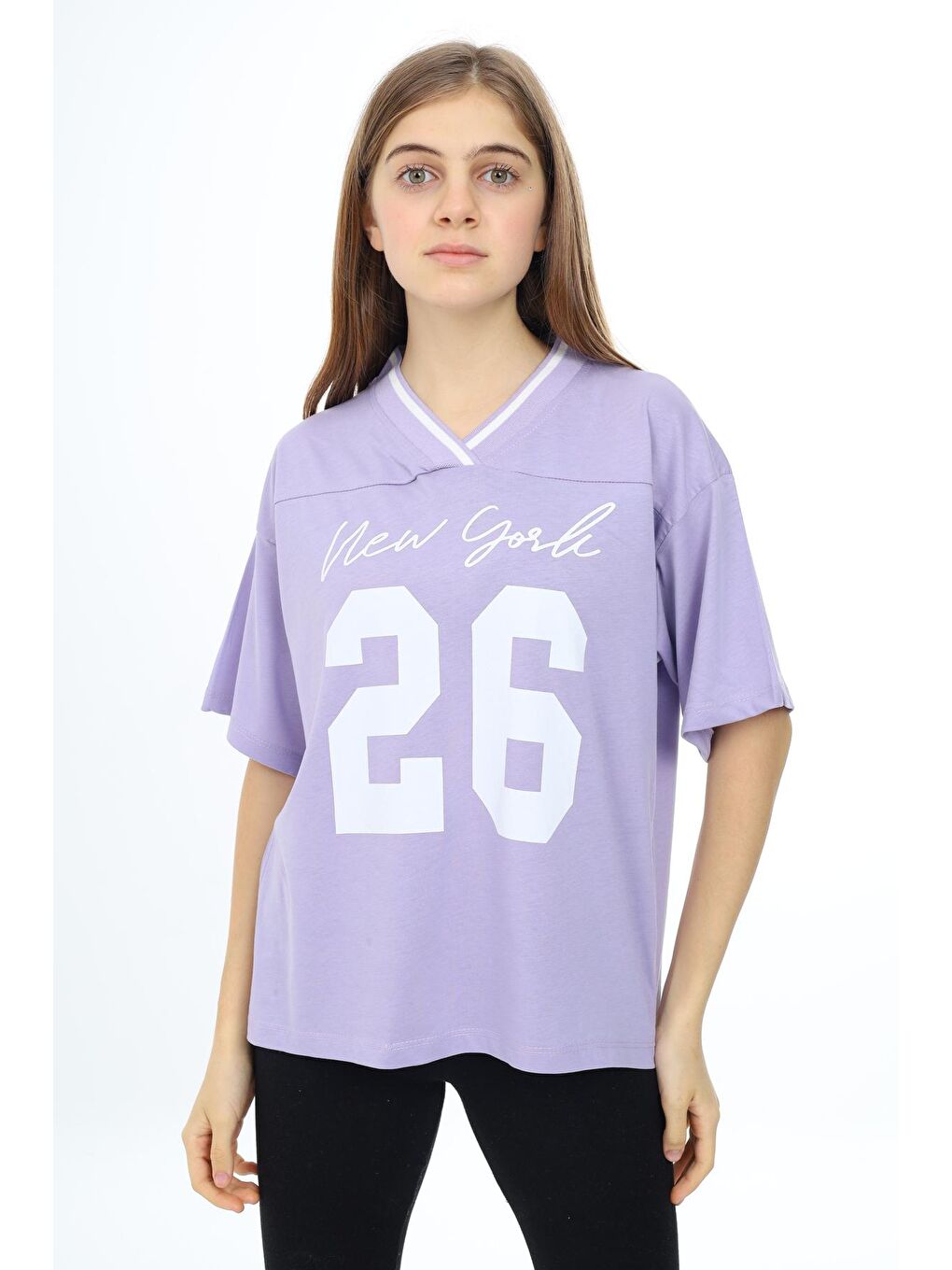 Lila Kız Çocuk V Yaka T-Shirt 9-14 Yaş Lx021-2