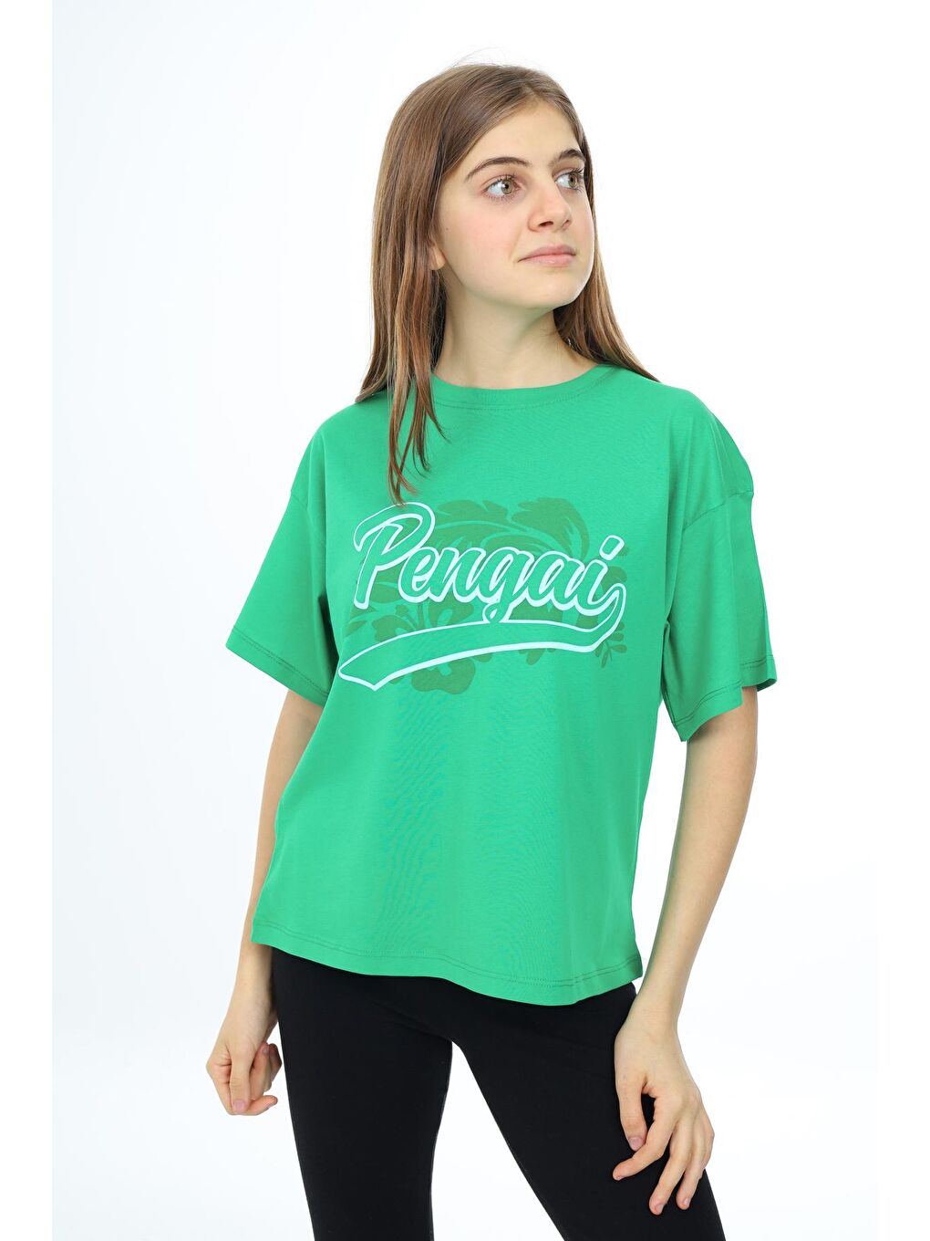 Yeşil Kız Çocuk Yazı Baskılı T-Shirt 9-14 Yaş Lx001