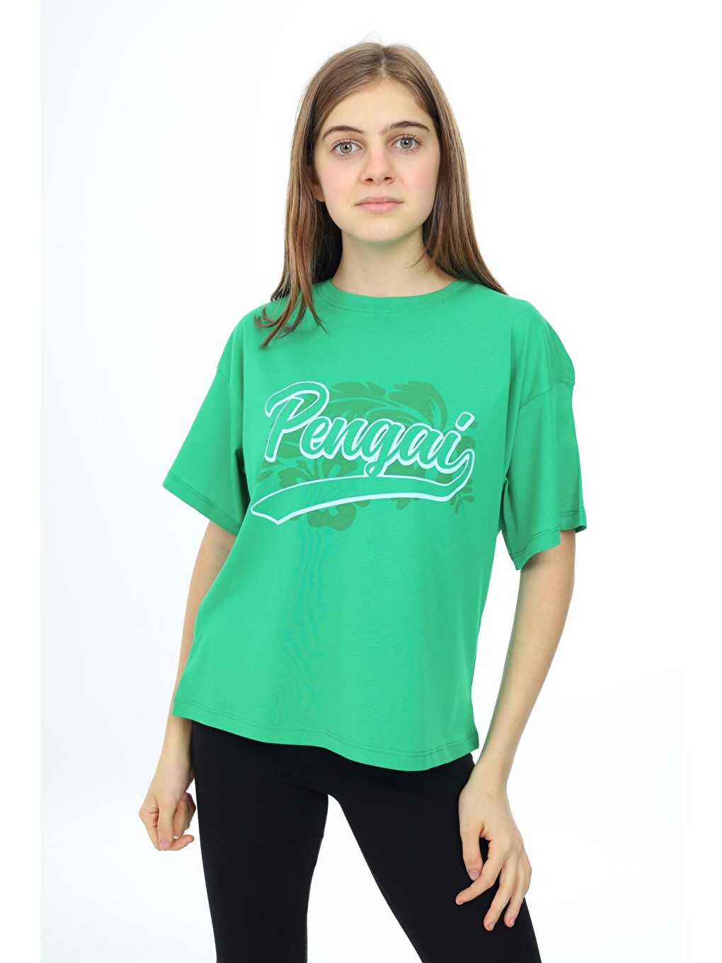 Yeşil Kız Çocuk Yazı Baskılı T-Shirt 9-14 Yaş Lx001-1