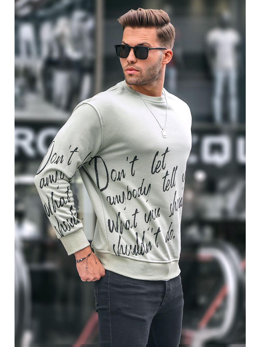 Madmext Nane Yeşili Mint Yeşili Baskılı Bisiklet Yaka Sweatshirt 6156