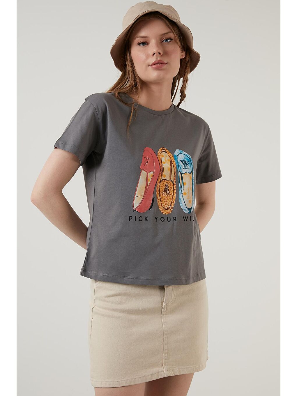 Gri Baskılı Bisiklet Yaka % 100 Pamuk T Shirt 6001019