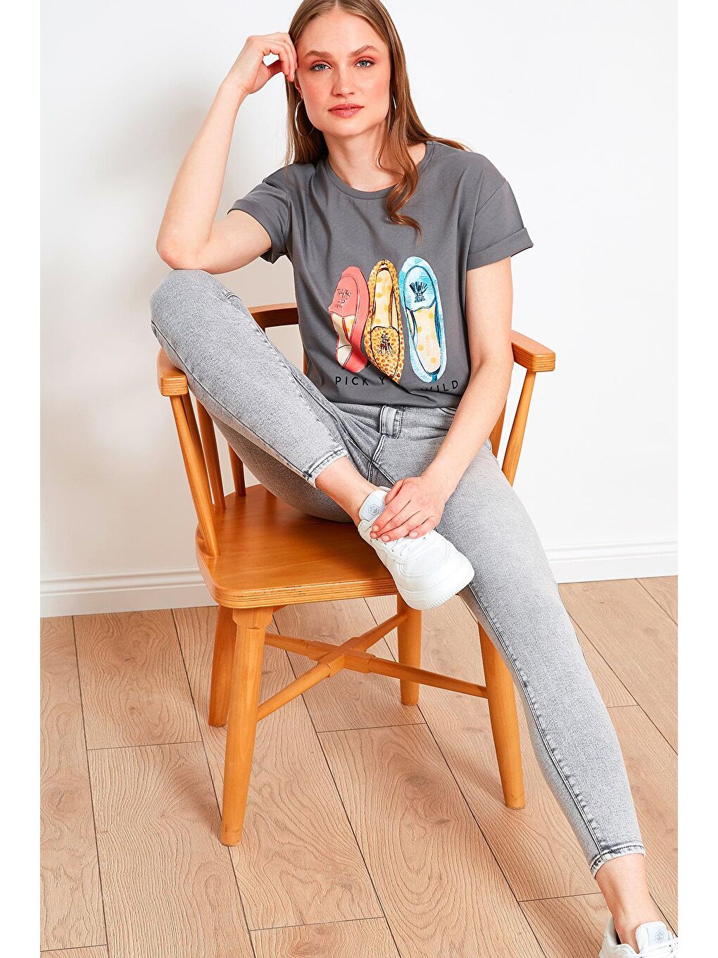 Gri Baskılı Bisiklet Yaka % 100 Pamuk T Shirt 6001019-1