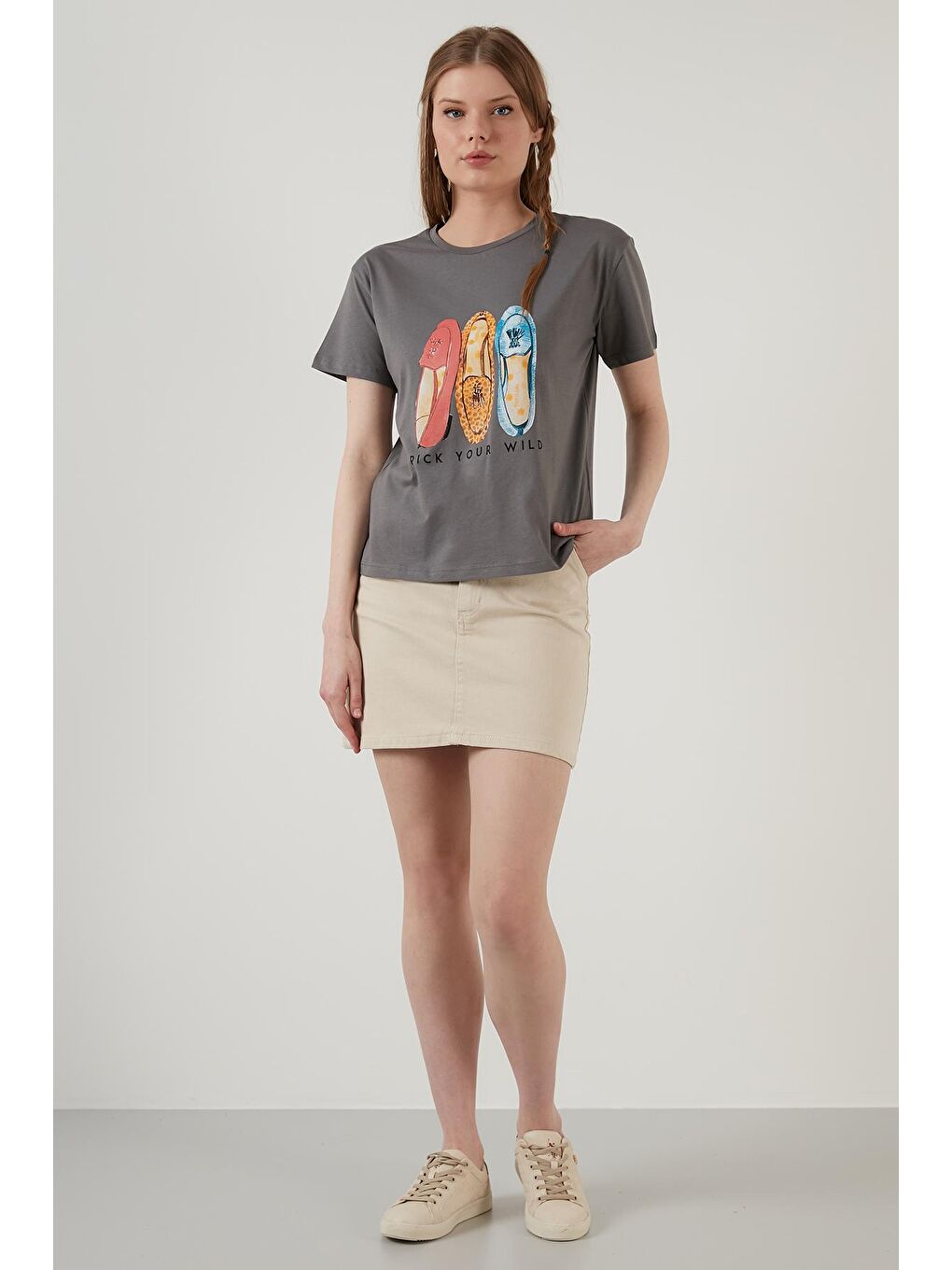 Gri Baskılı Bisiklet Yaka % 100 Pamuk T Shirt 6001019-2