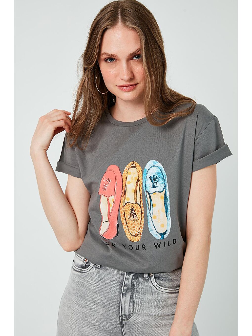 Gri Baskılı Bisiklet Yaka % 100 Pamuk T Shirt 6001019-3