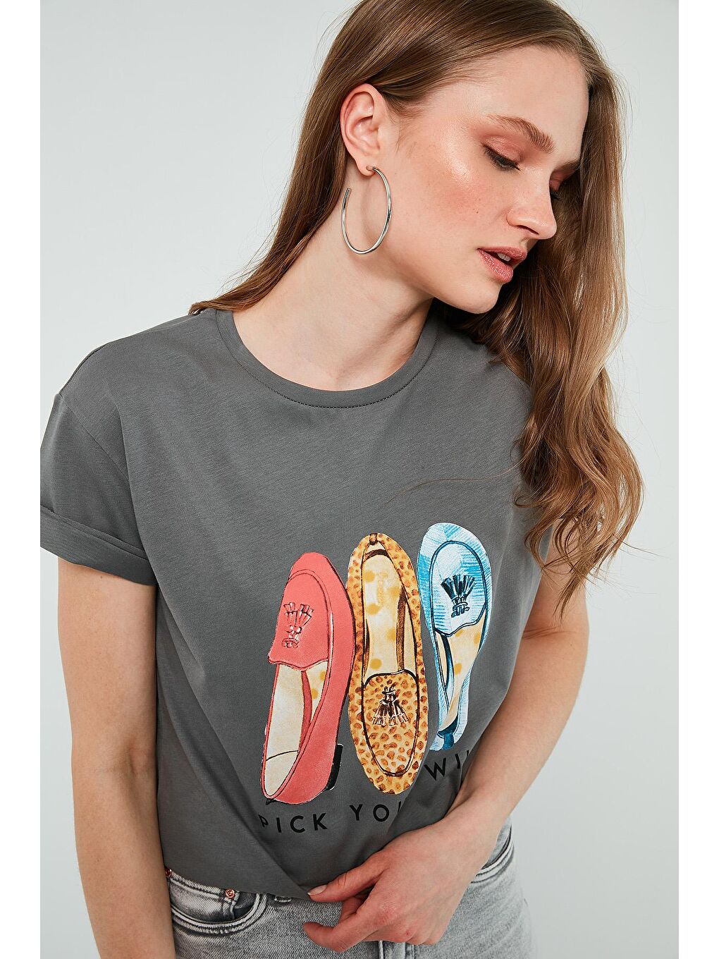 Gri Baskılı Bisiklet Yaka % 100 Pamuk T Shirt 6001019-4