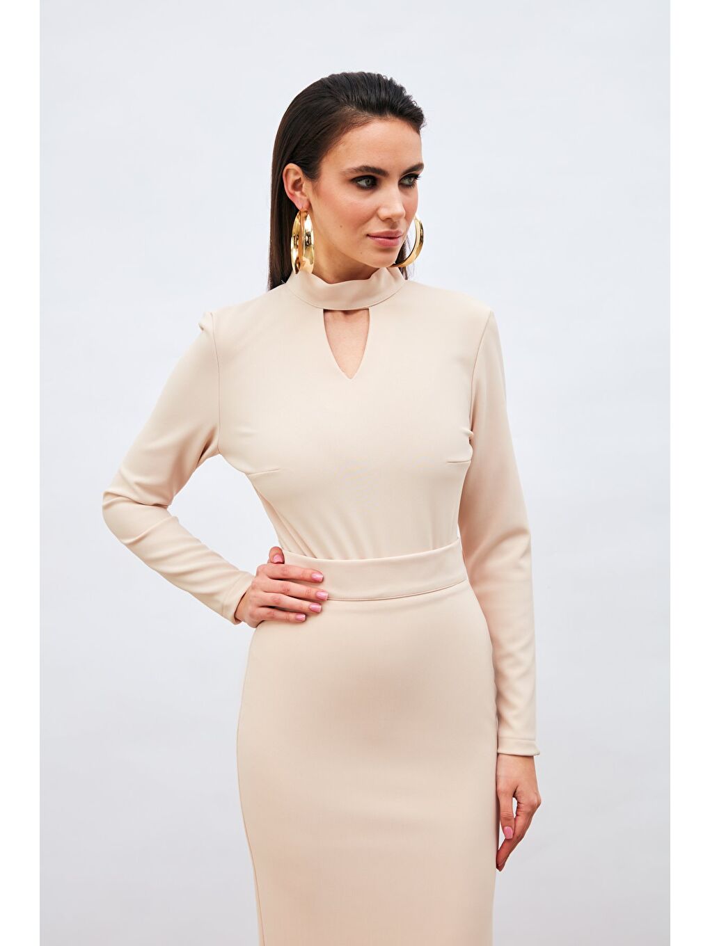 Sırt Detaylı Bodysuit Bluz - Bej-2