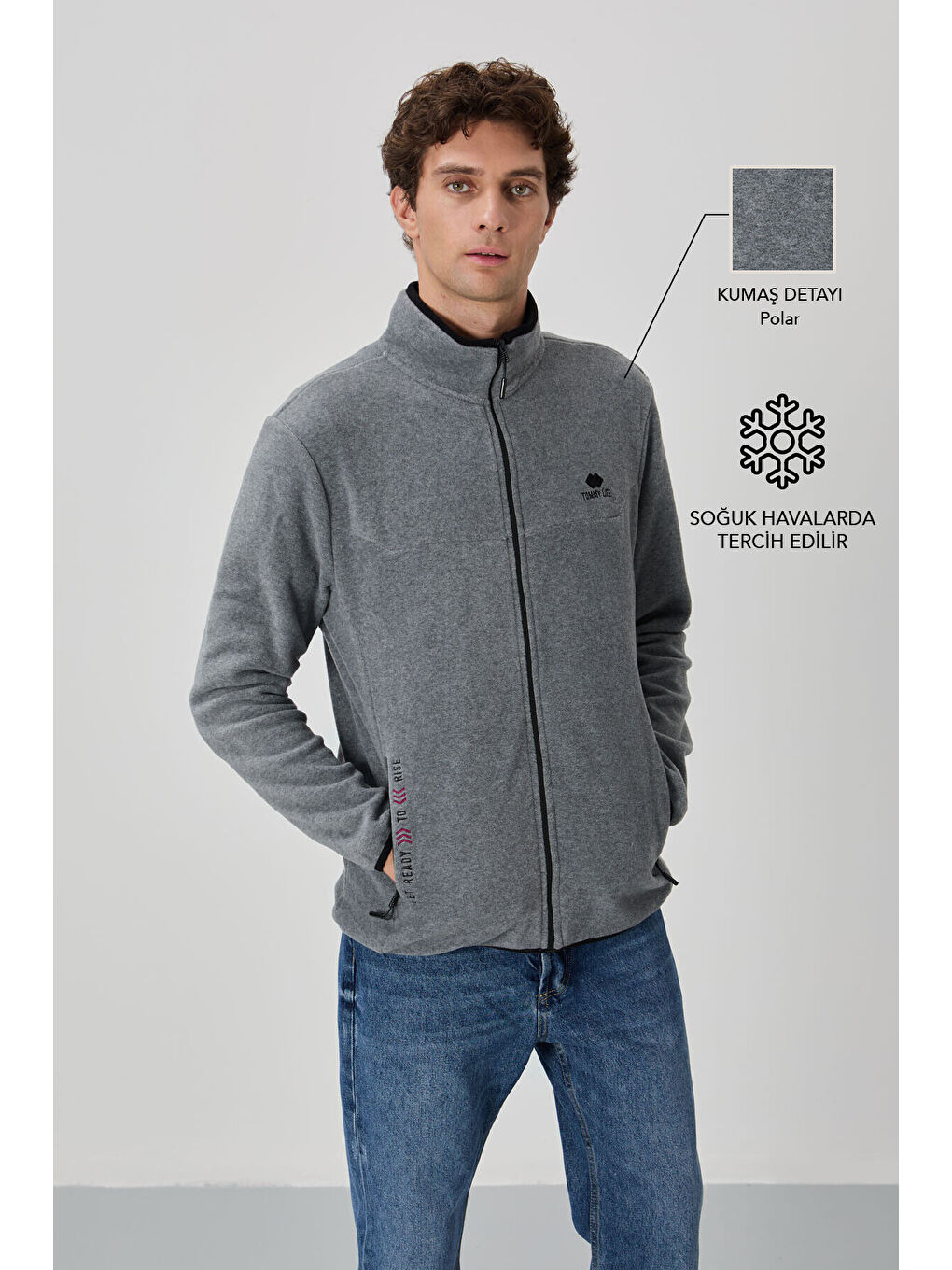 Gri Melanj Yazı Nakışlı Dik Yaka  Standart Kalıp Erkek Fermuarlı Sweatshirt Polar - 87992