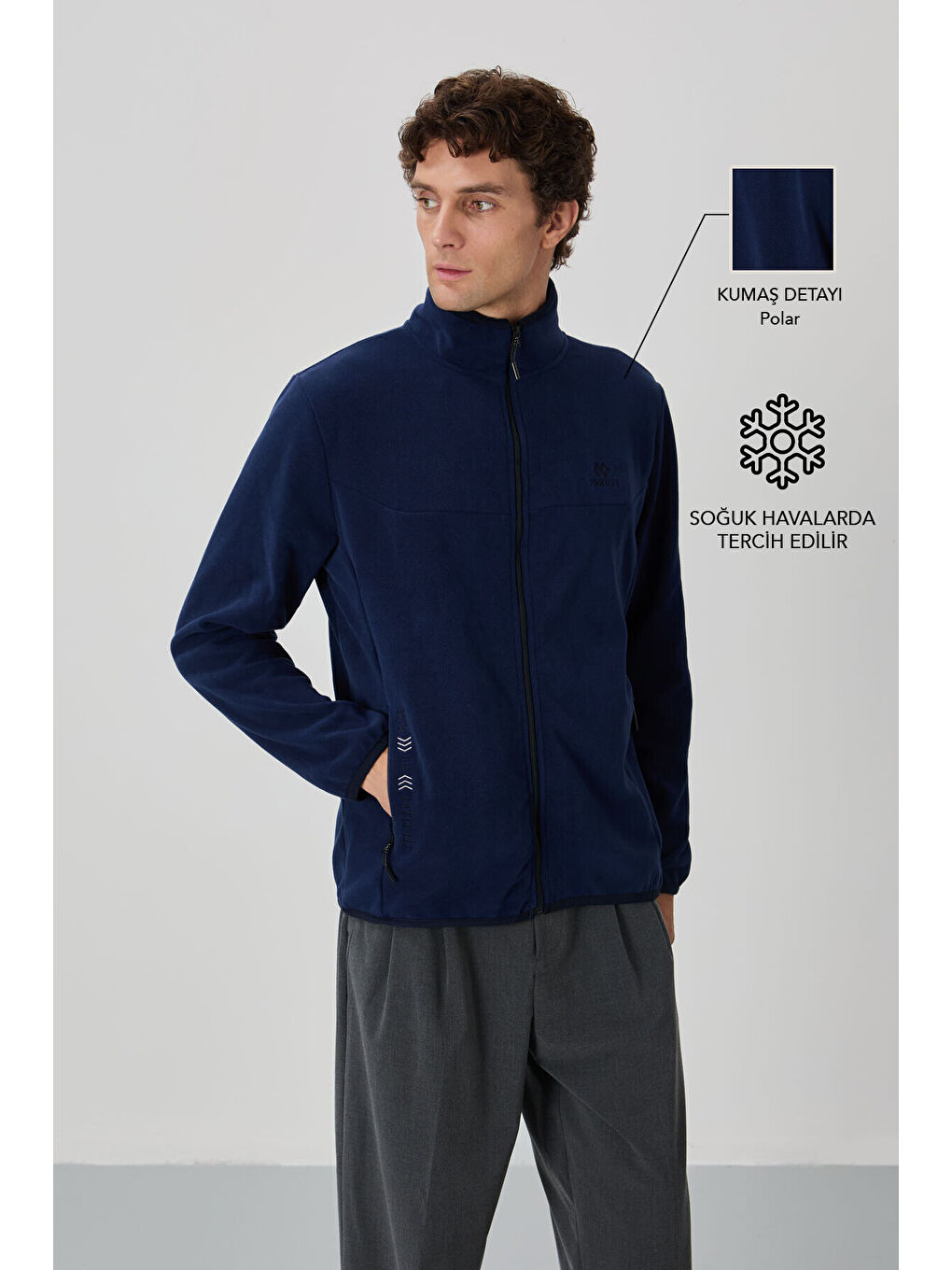 İndigo Yazı Nakışlı Dik Yaka  Standart Kalıp Erkek Fermuarlı Sweatshirt Polar - 87992