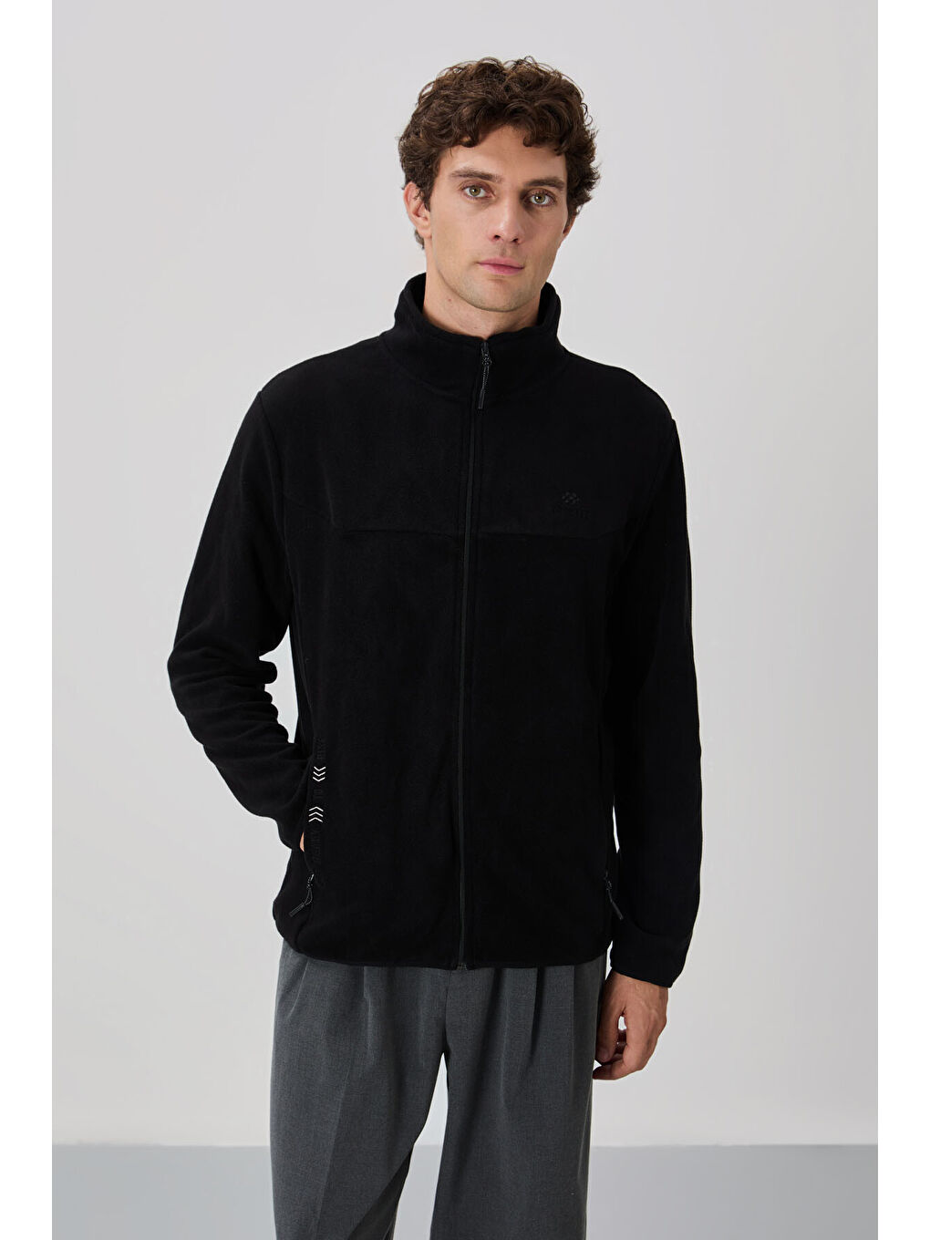 Siyah Yazı Nakışlı Dik Yaka  Standart Kalıp Erkek Fermuarlı Sweatshirt Polar - 87992-1