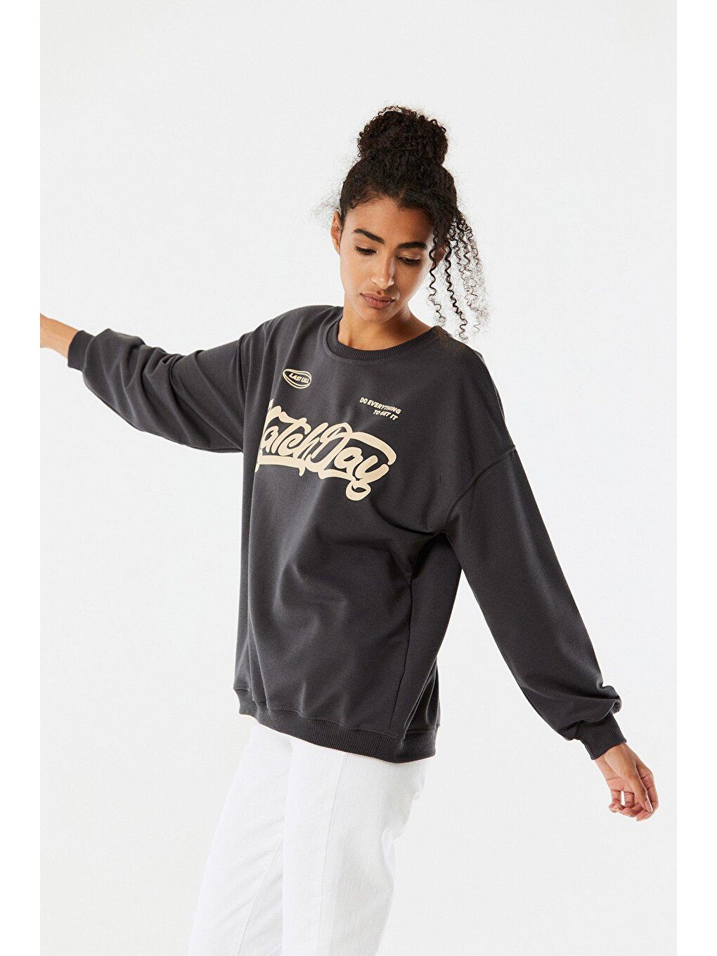 Antrasit Match Day Baskılı Bisiklet Yaka Sweatshirt