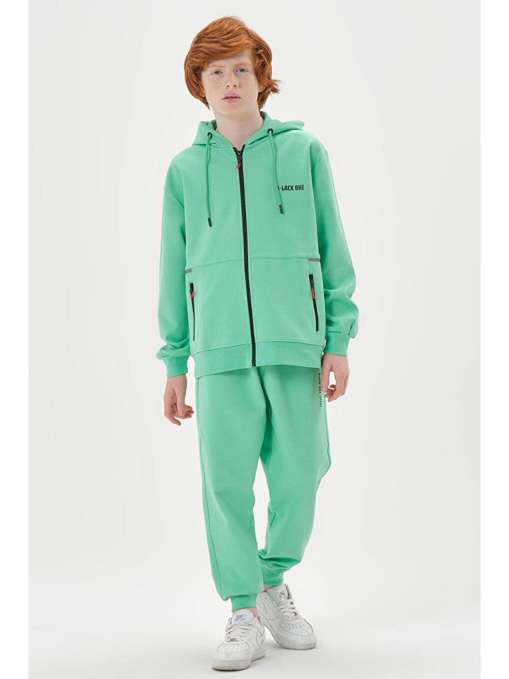 Yeşil Kapüşonlu Ayarlanabilir Bel Lastikli Çift Cepli Erkek Eşofman Takımı-3