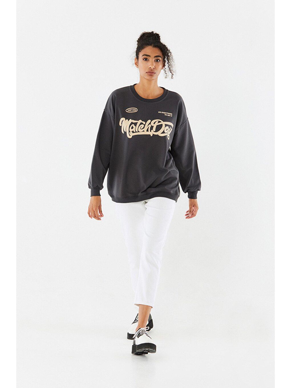 Antrasit Match Day Baskılı Bisiklet Yaka Sweatshirt-3