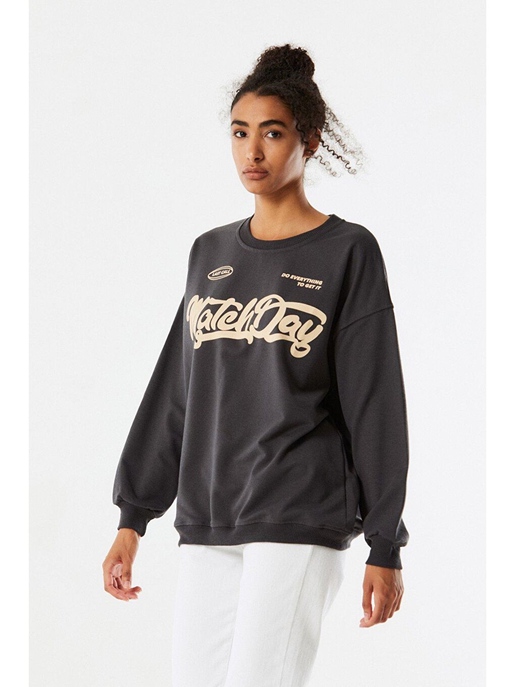 Antrasit Match Day Baskılı Bisiklet Yaka Sweatshirt-4