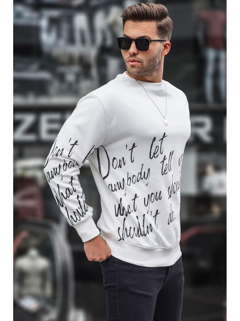 Ekru Baskılı Bisiklet Yaka Sweatshirt 6156