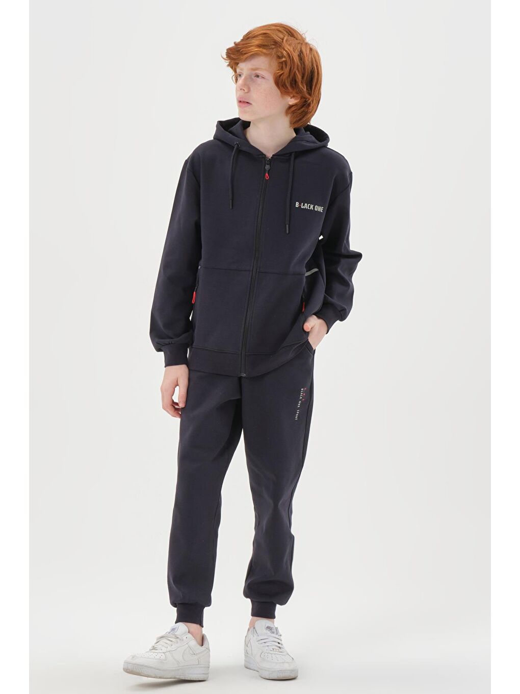 Lacivert Kapüşonlu Ayarlanabilir Bel Lastikli Çift Cepli Erkek Eşofman Takımı-1