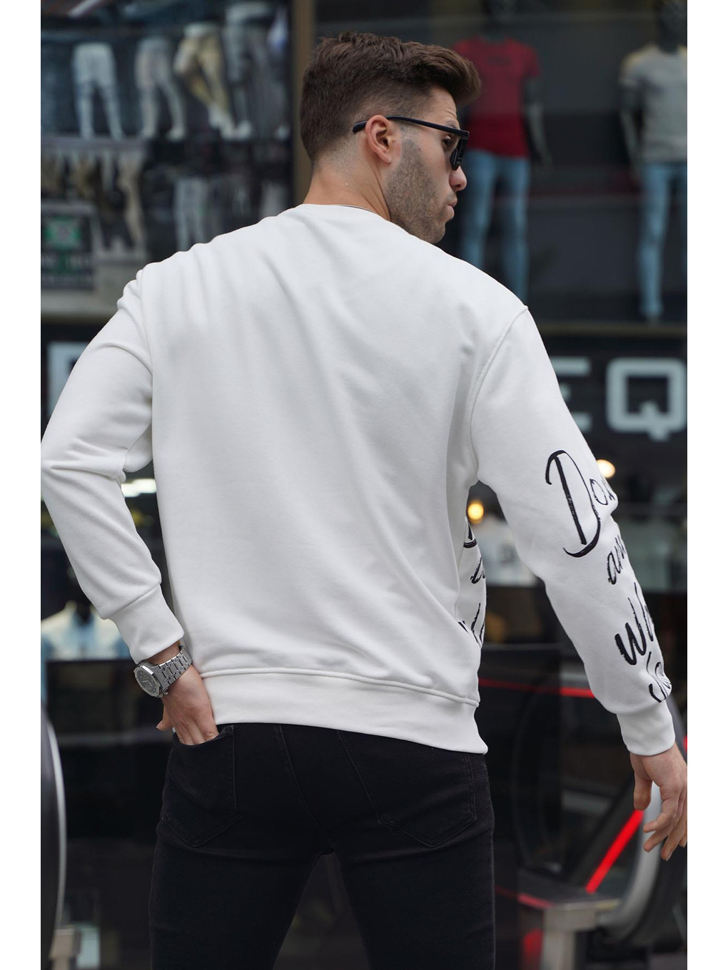 Ekru Baskılı Bisiklet Yaka Sweatshirt 6156-1
