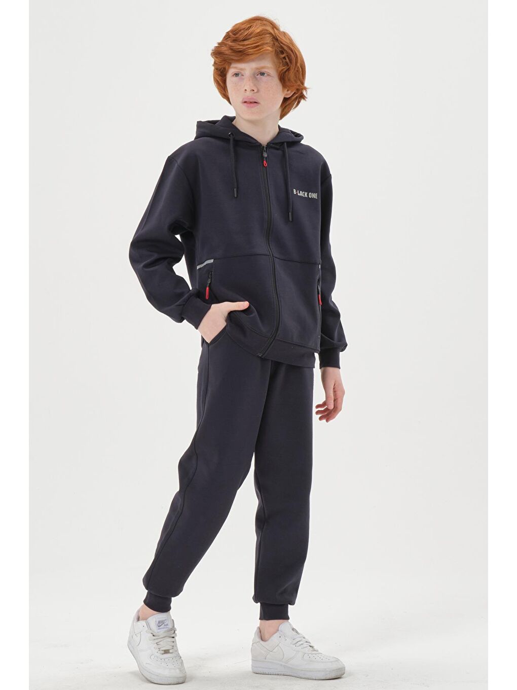 Lacivert Kapüşonlu Ayarlanabilir Bel Lastikli Çift Cepli Erkek Eşofman Takımı-2