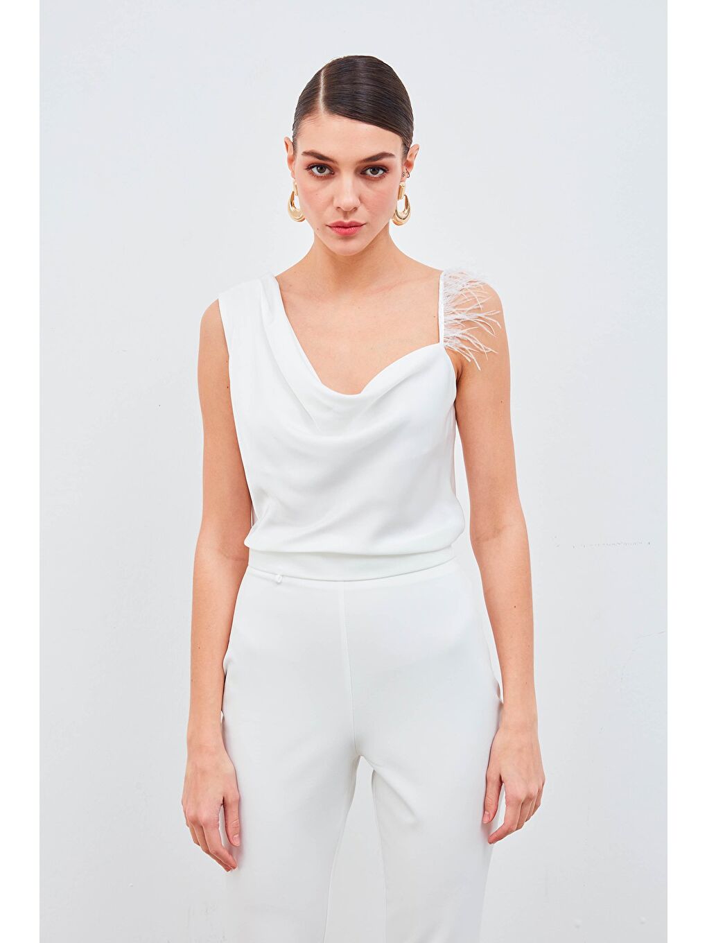 Tüy Askılı Degaje Bluz - Ekru-2