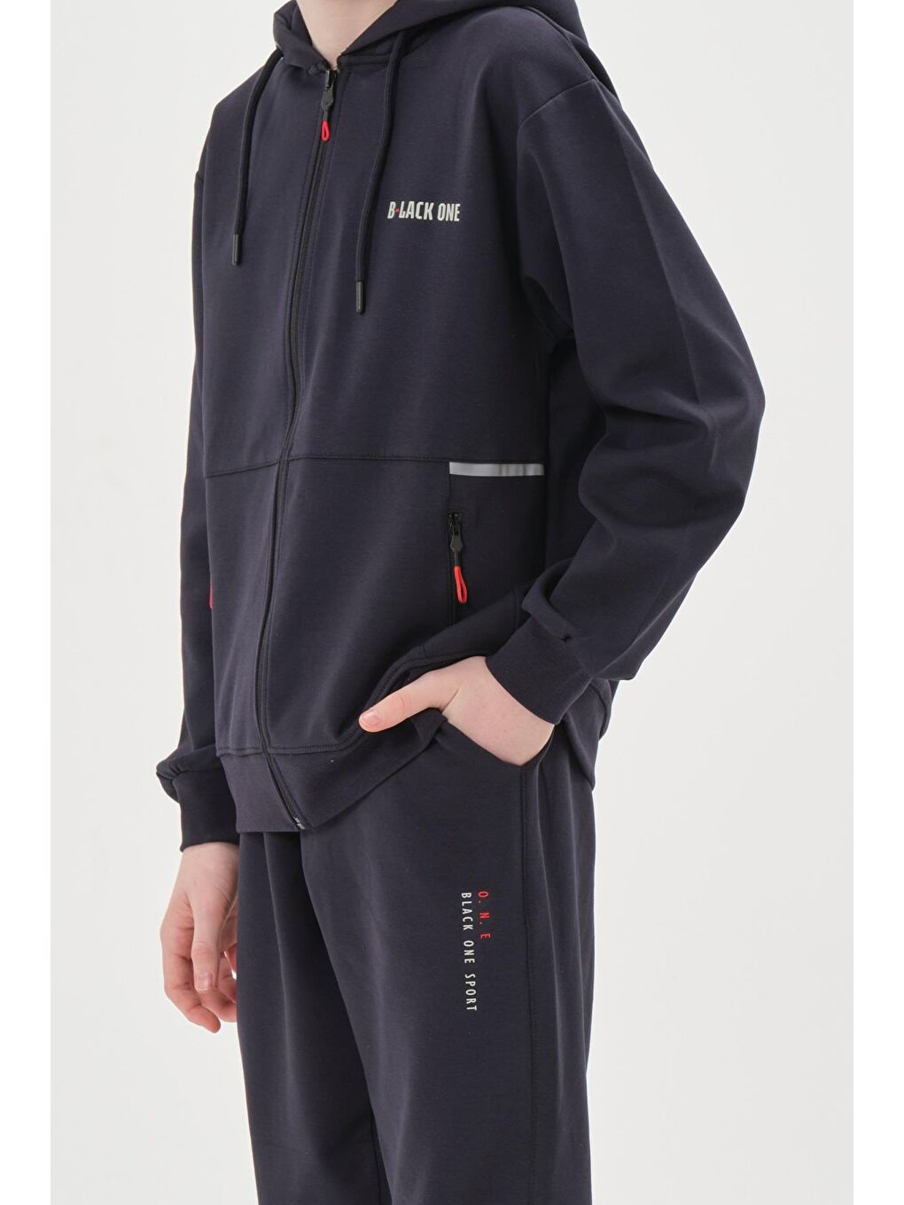 Lacivert Kapüşonlu Ayarlanabilir Bel Lastikli Çift Cepli Erkek Eşofman Takımı-4