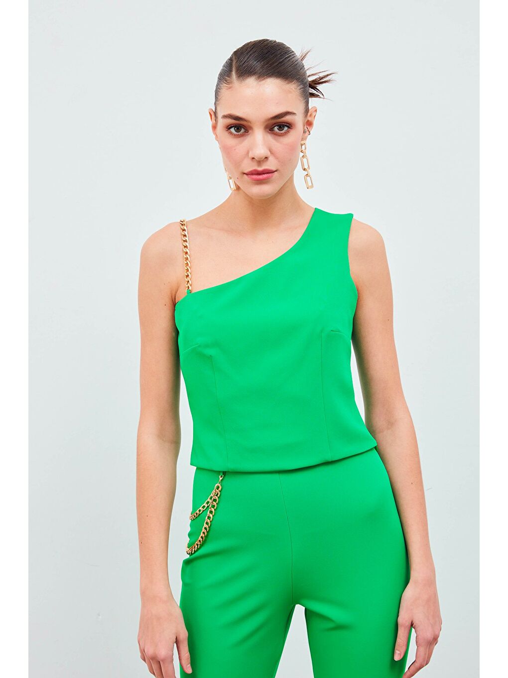 Zincir Askı Detaylı Crop Bluz - Yeşil