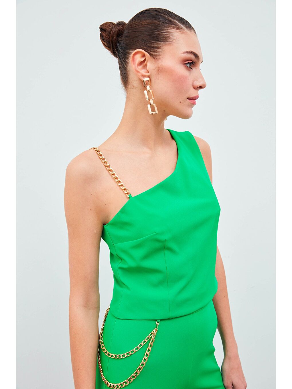 Zincir Askı Detaylı Crop Bluz - Yeşil-1
