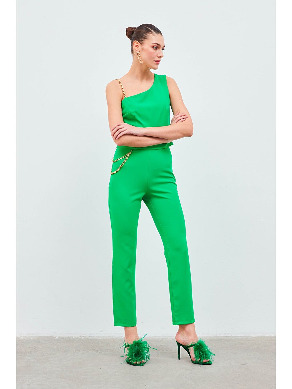 Zincir Askı Detaylı Crop Bluz - Yeşil-2