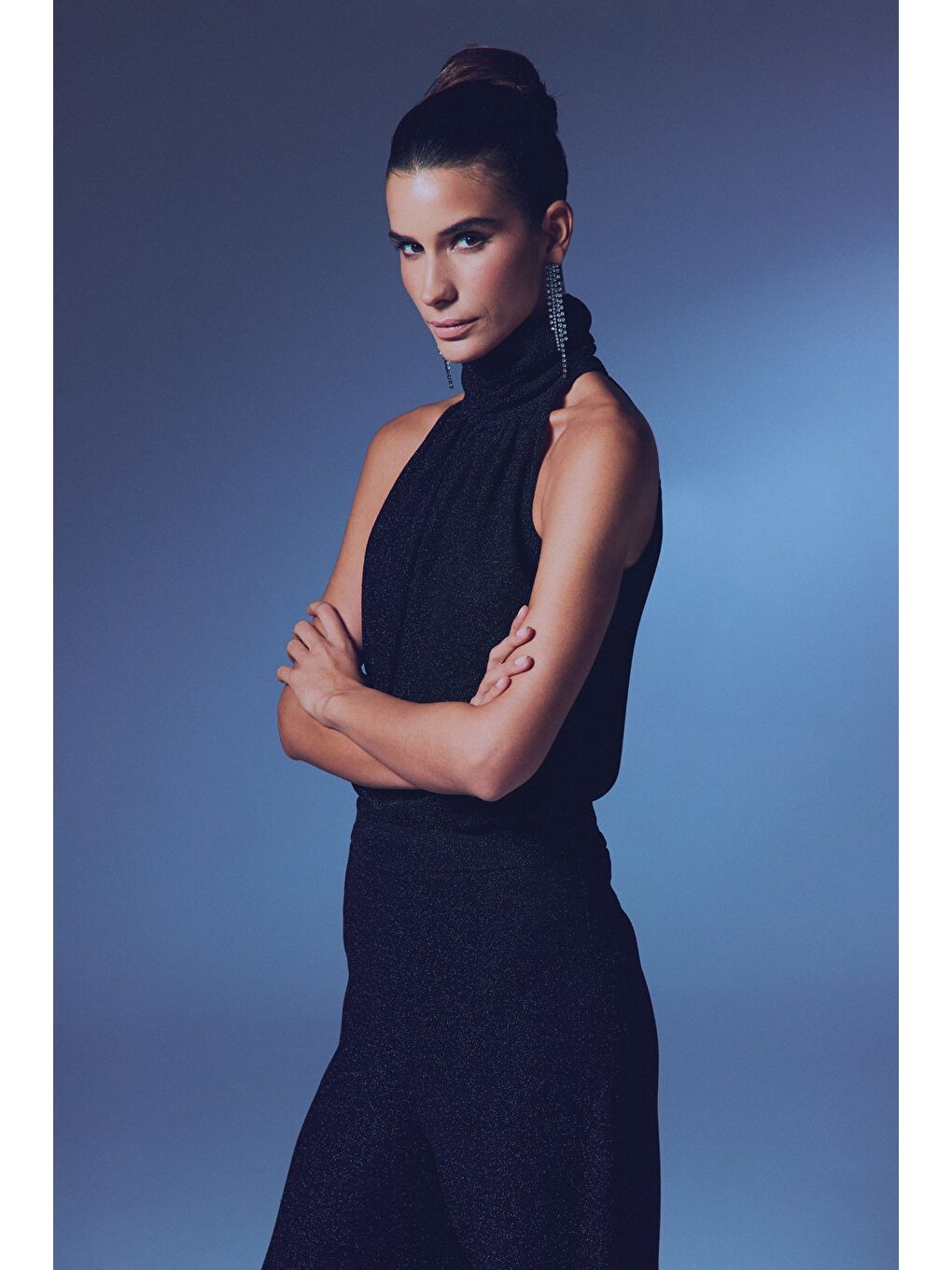 Kolsuz Parlak Bluz - Siyah-3