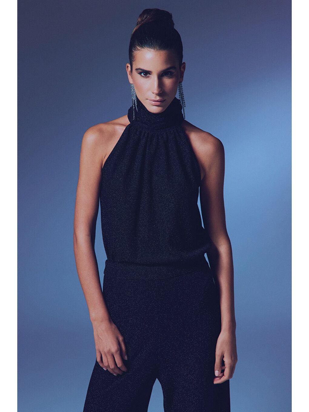 Kolsuz Parlak Bluz - Siyah-4