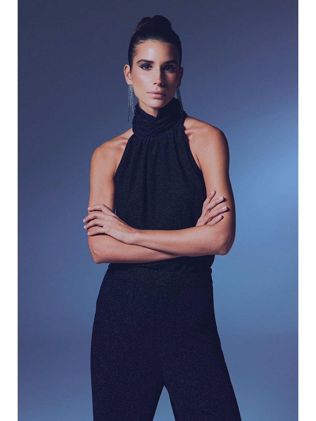 Kolsuz Parlak Bluz - Siyah-5