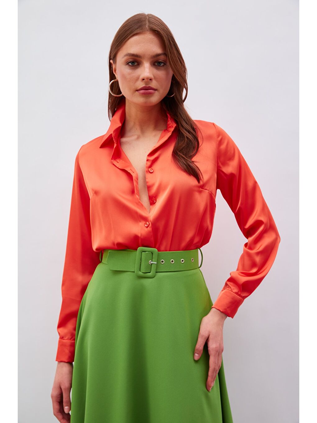 Turuncu Gömlek Yaka Saten Bodysuit Bluz - Oranj
