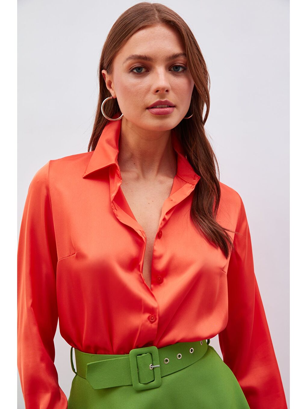 Turuncu Gömlek Yaka Saten Bodysuit Bluz - Oranj-1