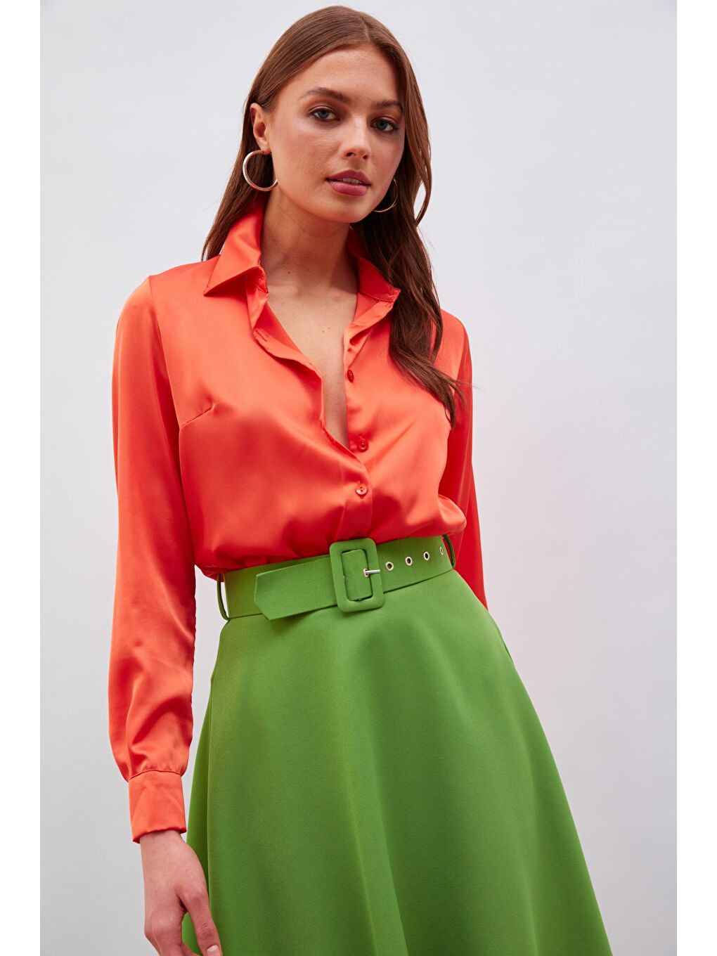Turuncu Gömlek Yaka Saten Bodysuit Bluz - Oranj-2
