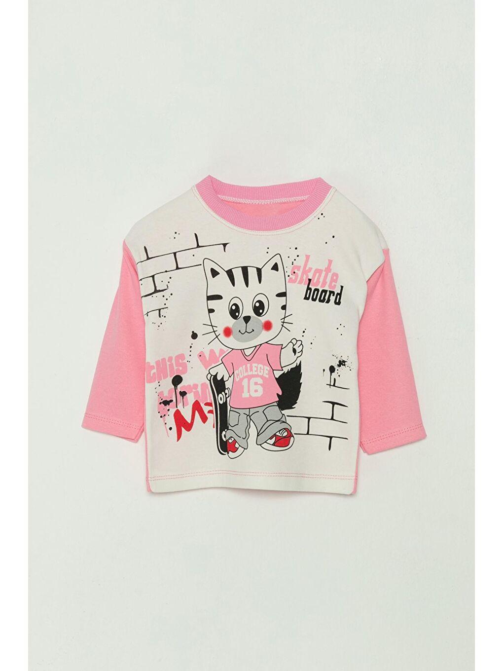 Pembe Kedi Baskılı Kız Bebek Pijama Takımı-1